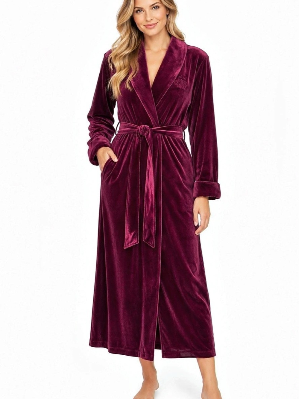 NWT Lauren Ralph Lauren Burgundy Velvet Robe Embroidered Size Medium